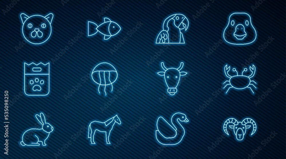 山羊或公羊、螃蟹、金刚鹦鹉、水母、袋装食品、猫、牛头和鱼的图标。