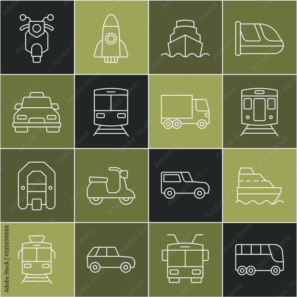 设置线路巴士、游轮、火车和铁路、出租车、滑板车和送货卡车图标。Vecto