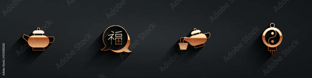 Set Chinese tea ceremony, New Year, and paper lantern icon with long shadow. Vector