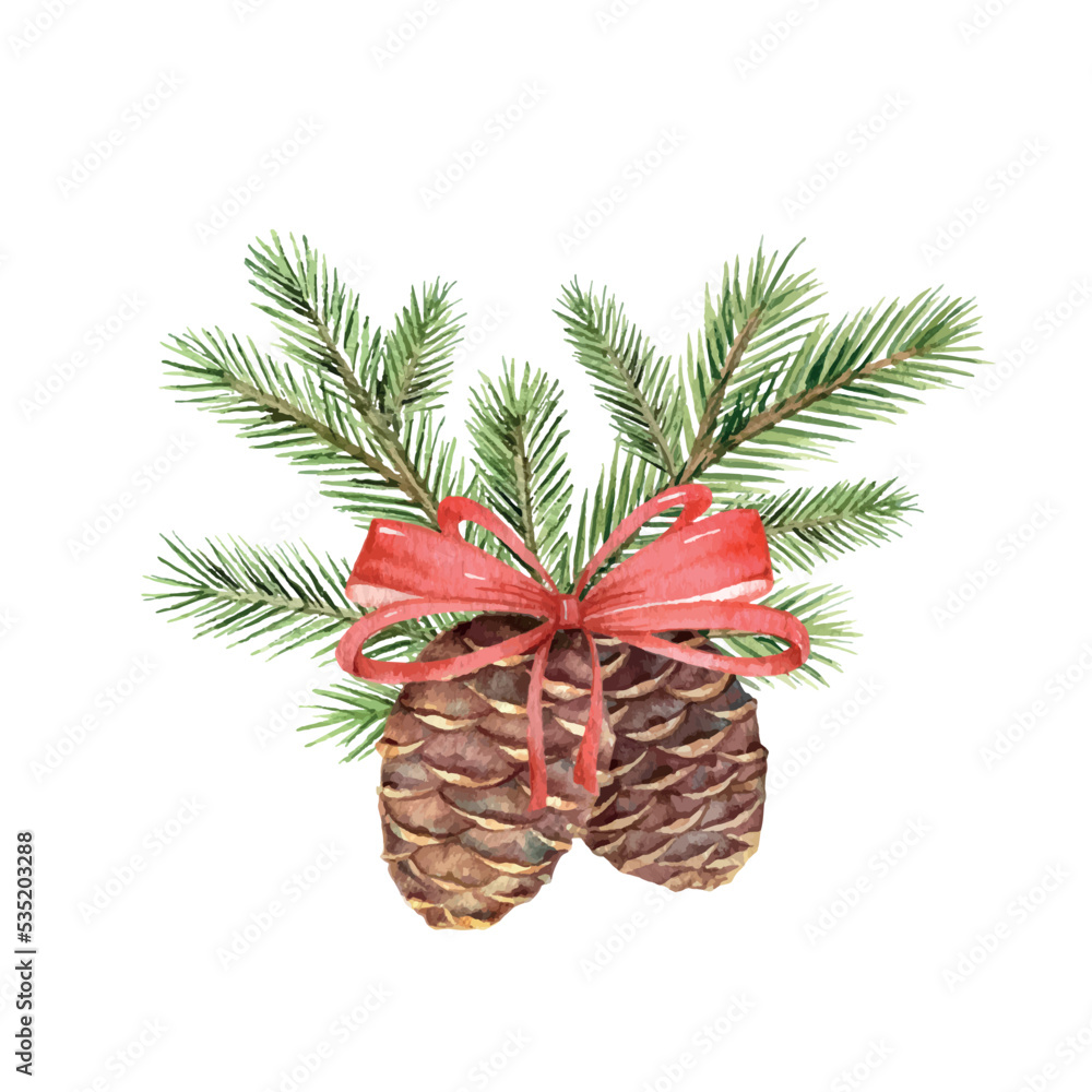 Watercolor Christmas vector arrangement with cones, red bow and spruce branches.