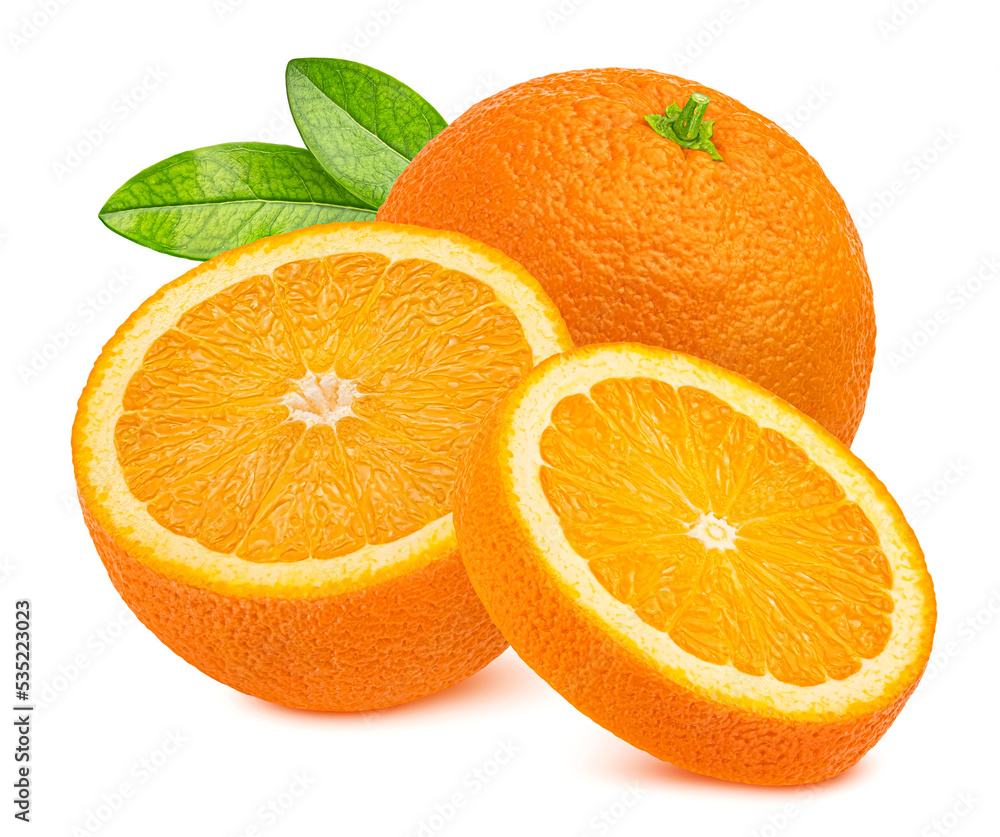 橙色果实，叶片孤立在白色背景上