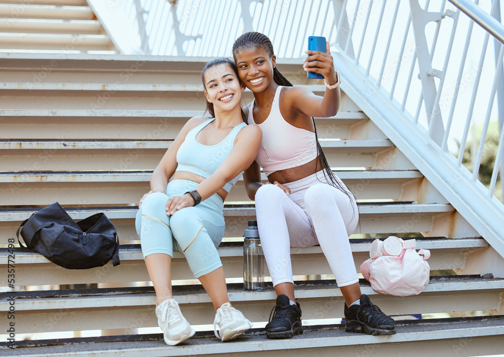 Fitness, phone and friends take selfie after running, exercise and workout for social media outdoors