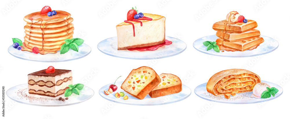 Watercolor illustration set of Desserts on plate