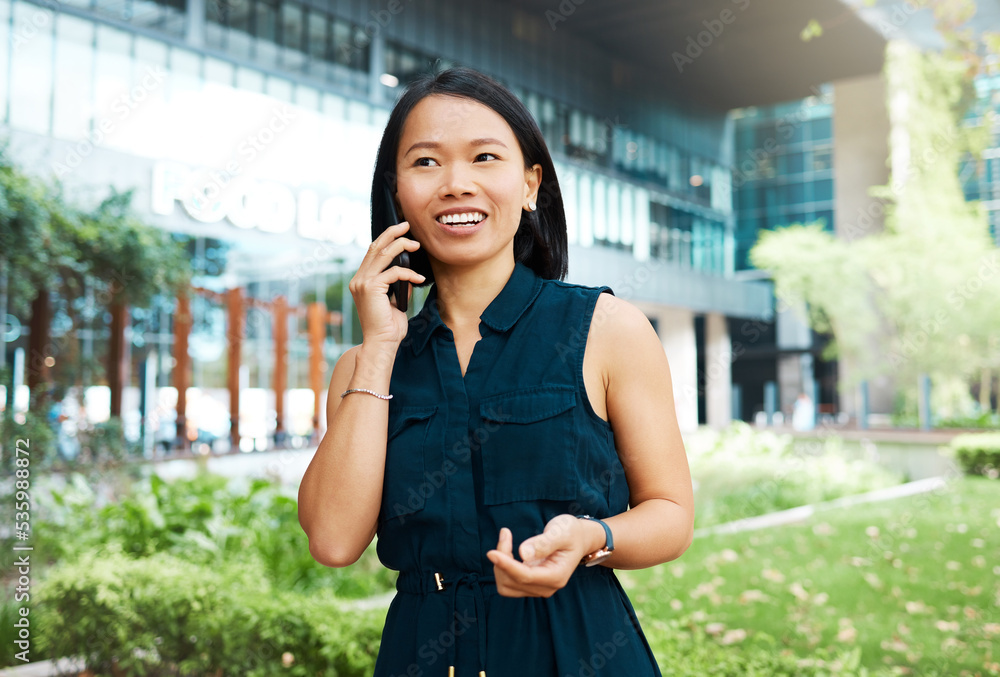 Phone call, woman and happy outdoor business .conversation. Businesswoman in Indonesia walking, talk