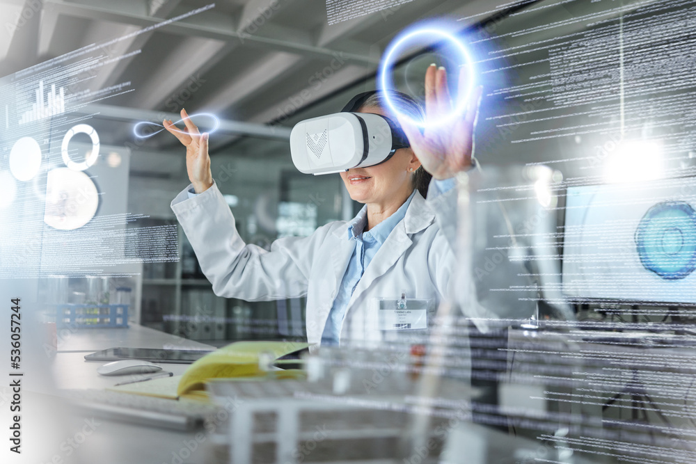 科学、VR全息图和具有未来数据、3d研究软件和数字创新的科学家