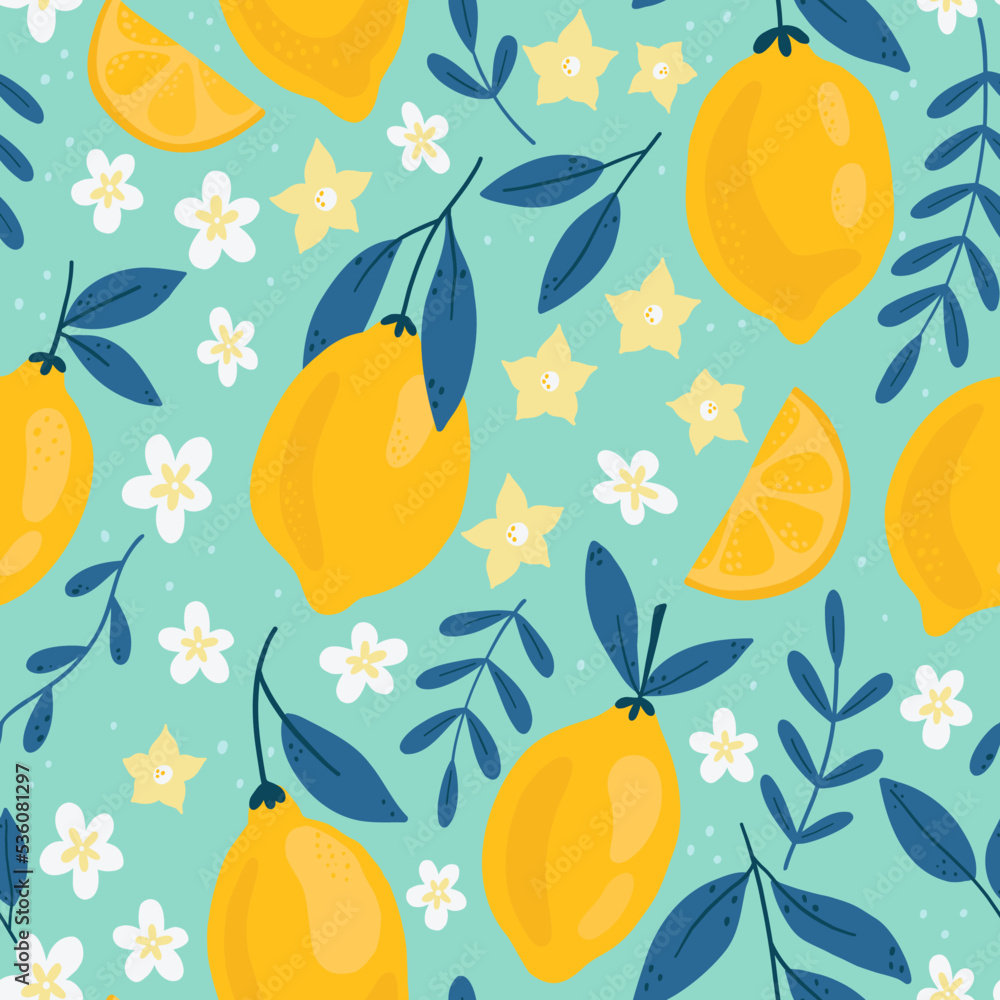 热带无缝图案，蓝色背景为黄色柠檬。时尚手绘纹理。水果
