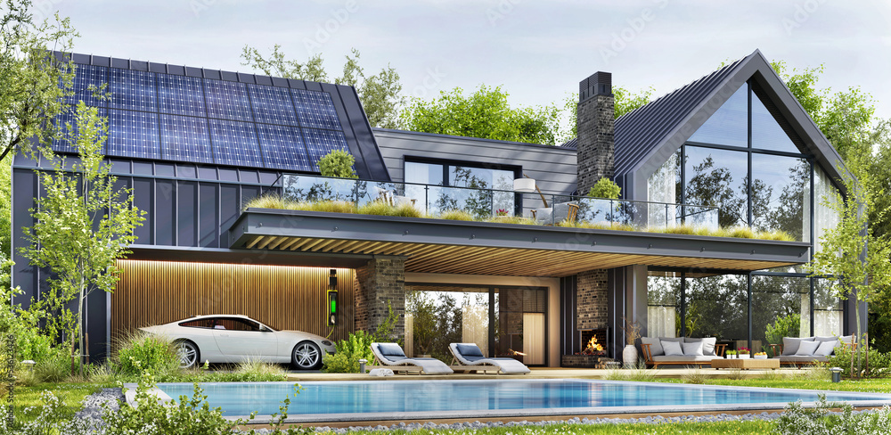 现代建筑。带游泳池和太阳能电池板的豪华大房子