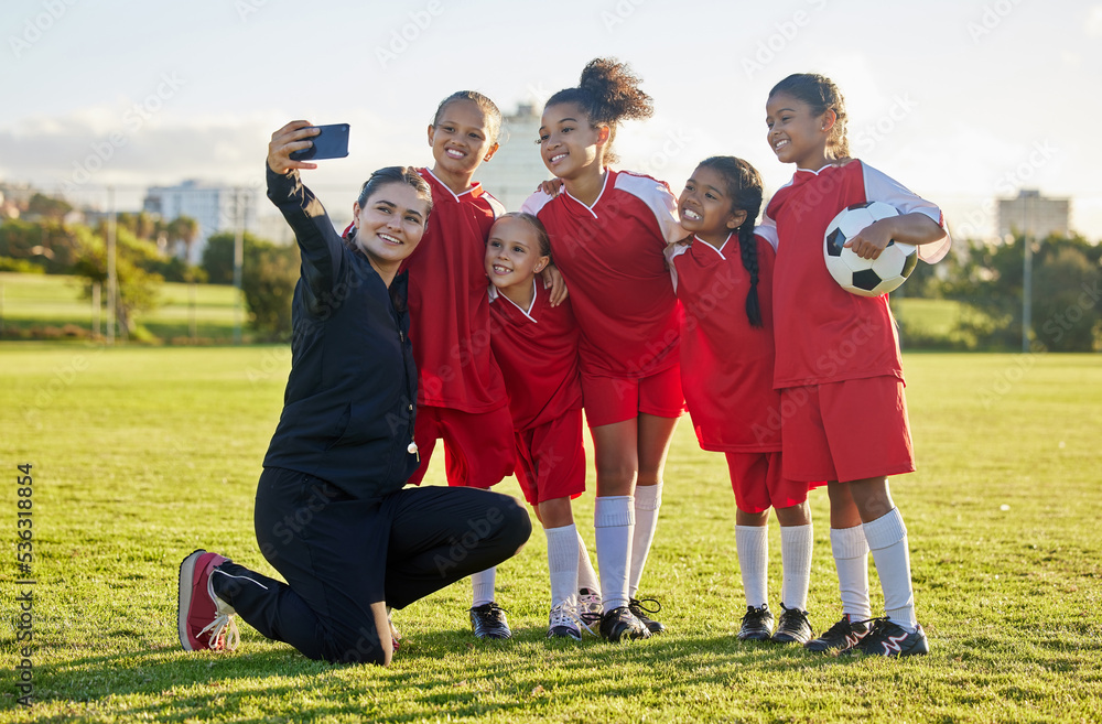Soccer field, girl team and coach selfie for social media after training, competition and game toget