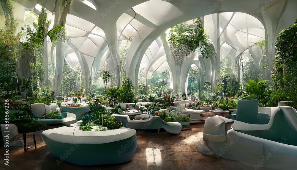 未来主义室内植物园壮观的设计带有夏季花卉和树叶的3D插图