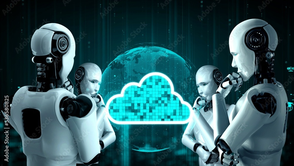 AI机器人huminoid使用云计算技术在在线服务器上存储数据。未来主义概念