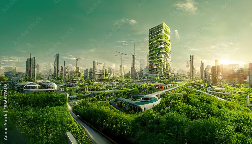 壮观的生态未来主义城市景观，充满了绿色、摩天大楼、公园和其他人造绿色