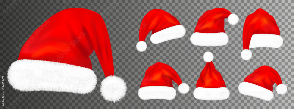一套红色圣诞老人帽，透明背景上有隔离的毛皮。矢量插图