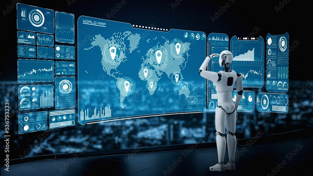 人形人工智能机器人看着全息屏幕，展示使用人工智能进行大数据分析的概念