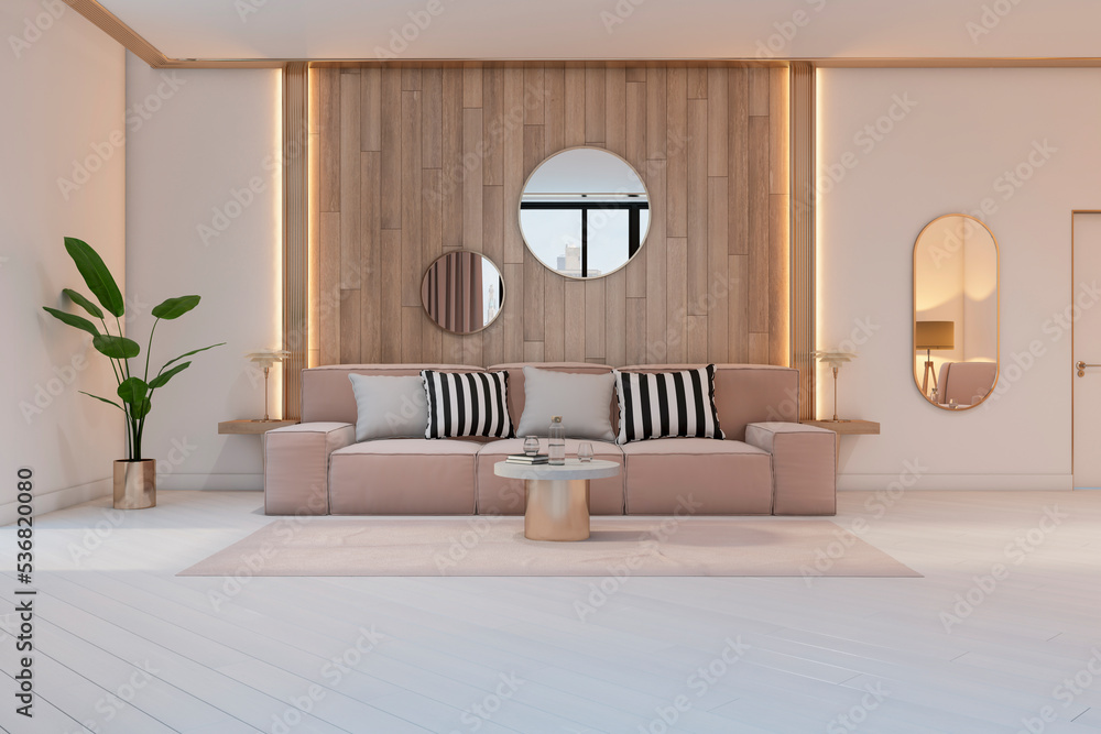 时尚的浅粉色沙发，带枕头，白色木质地板地毯上的大理石咖啡桌的正视图
