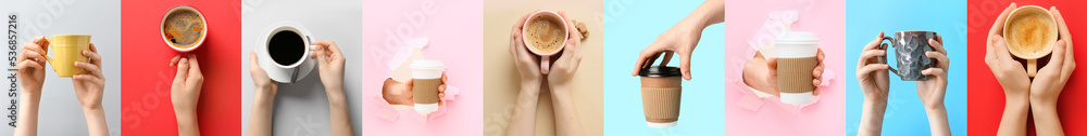 女性双手与彩色背景咖啡杯的拼贴
