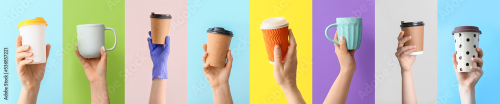 彩色背景咖啡杯的女性双手合集