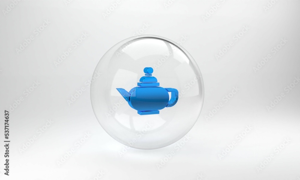 蓝色传统中式茶道图标，灰色背景。带杯子的茶壶。玻璃圈