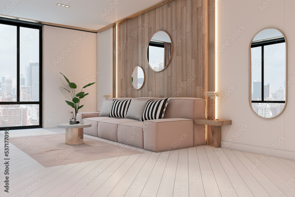 宽敞的客厅透视图，浅粉色沙发，木地板上的大理石咖啡桌a