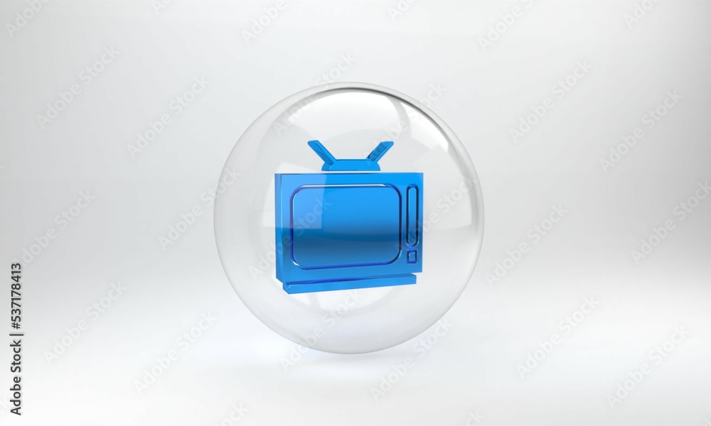 蓝色复古电视图标隔离在灰色背景上。电视标志。玻璃圆圈按钮。3D渲染illu