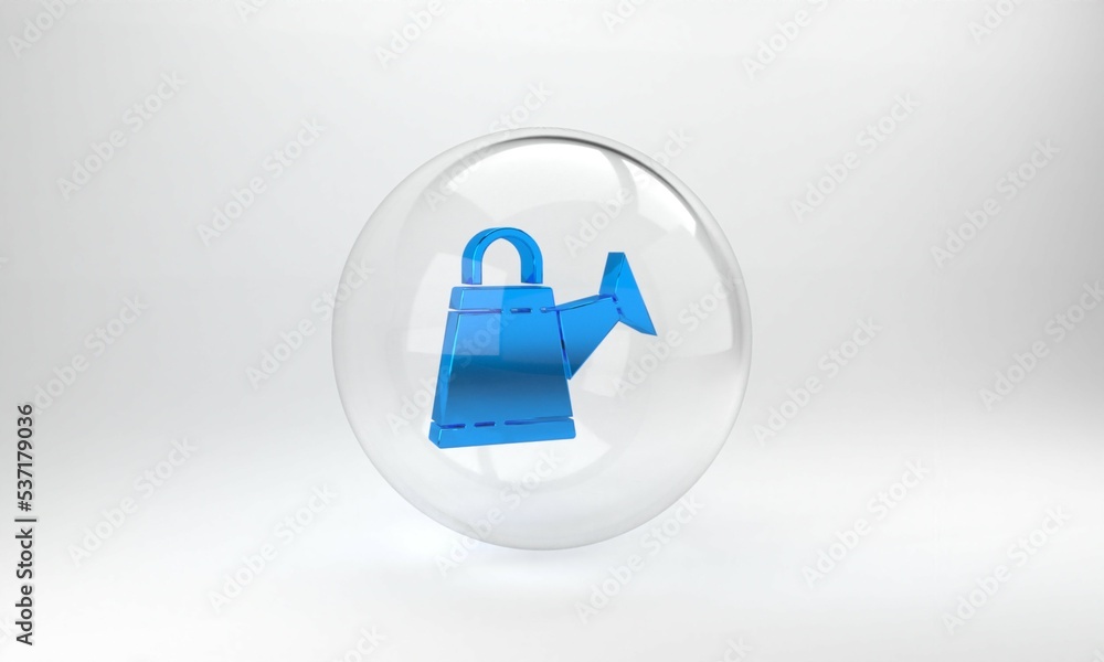 蓝色浇水罐图标隔离在灰色背景上。灌溉符号。玻璃圈按钮。3D rende