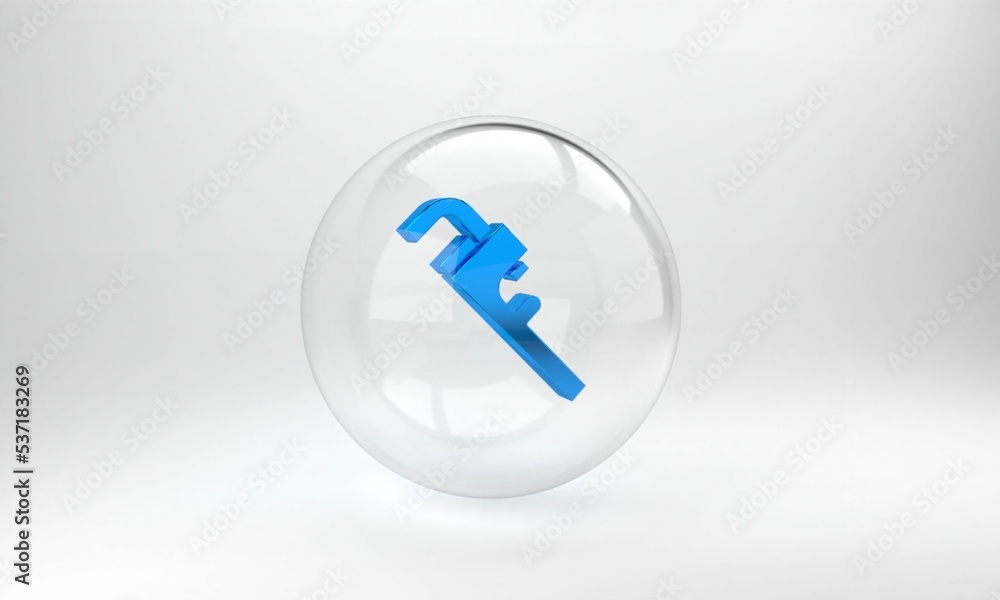 Blue Pipe adjustable wrench icon isolated on grey background. Glass circle button. 3D render illustr