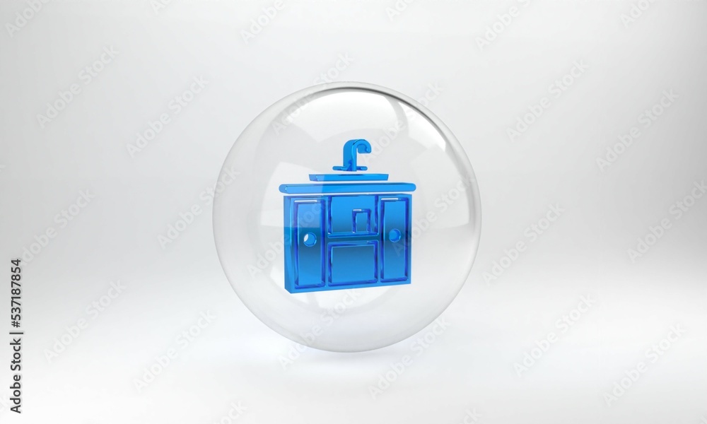 蓝色洗手盆柜，灰色背景上有水龙头图标。玻璃圆形按钮。3D趋势