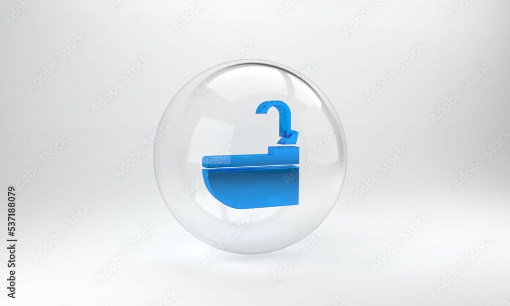 蓝色洗手盆，灰色背景上有水龙头图标。玻璃圆形按钮。3D渲染插图