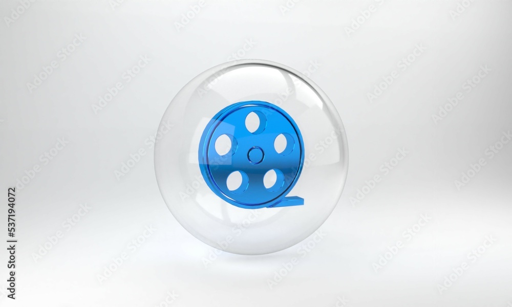 蓝色胶卷卷轴图标隔离在灰色背景上。玻璃圆圈按钮。3D渲染图