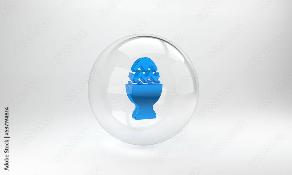 蓝色复活节彩蛋放在灰色背景上的支架图标上。复活节快乐。玻璃圈按钮。3D r