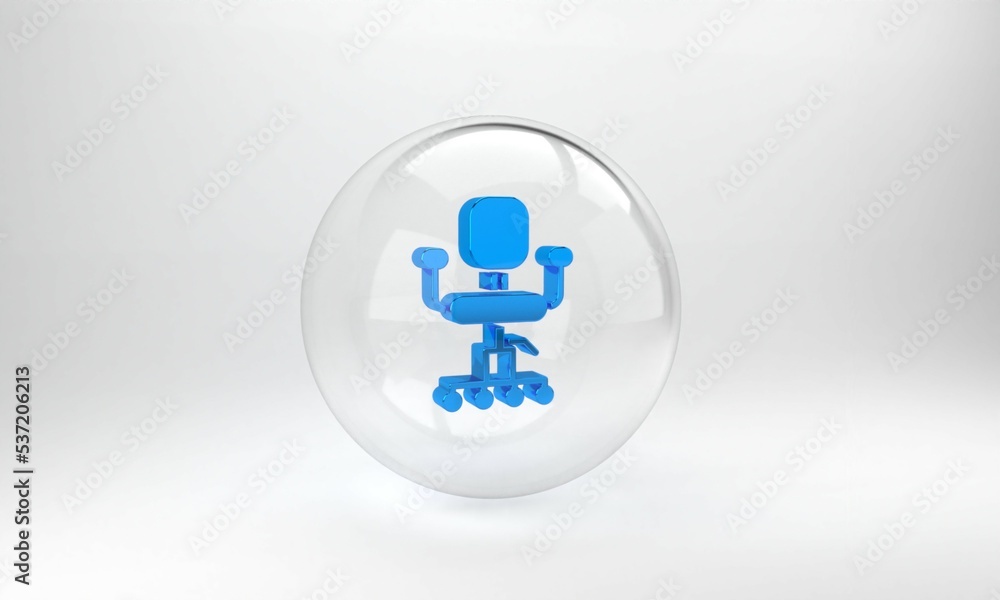 Blue Office chair icon isolated on grey background. Glass circle button. 3D render illustration