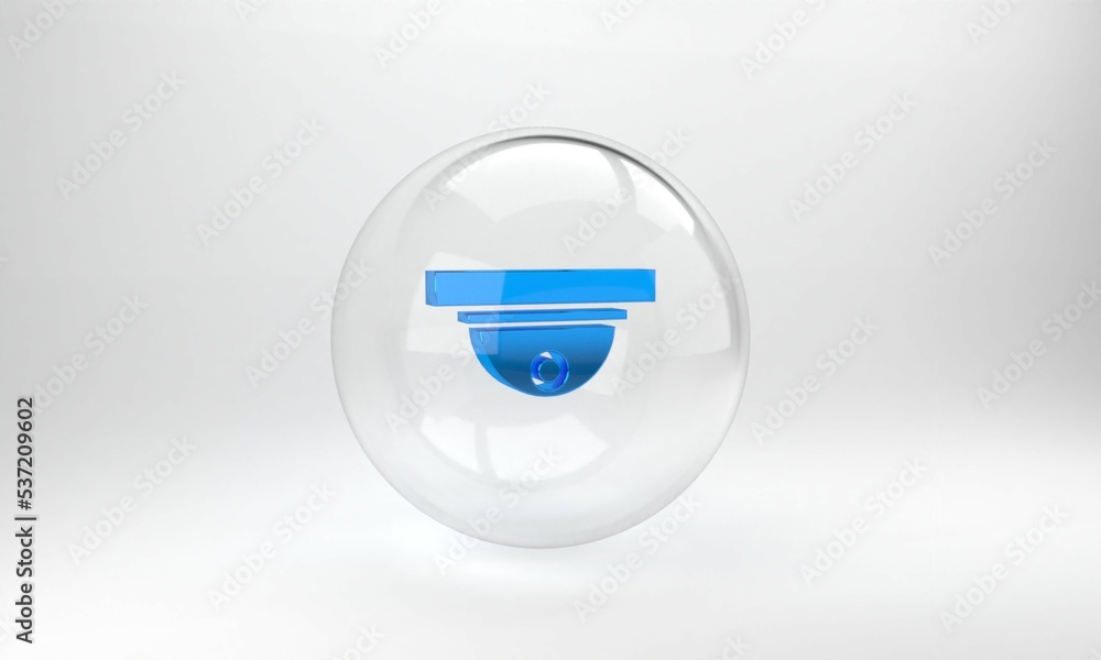 蓝色运动传感器图标隔离在灰色背景上。玻璃圆圈按钮。3D渲染图