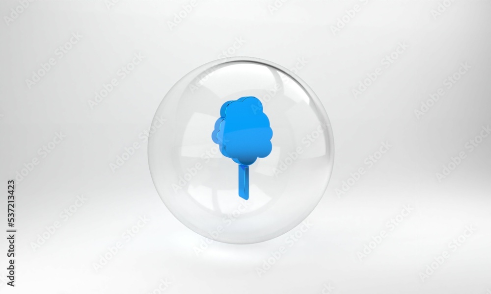 蓝色棉花糖图标隔离在灰色背景上。玻璃圆形按钮。3D渲染图