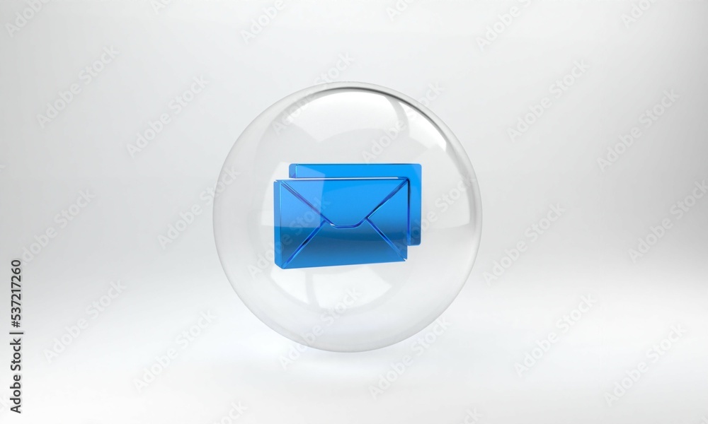 灰色背景上隔离的蓝色信封图标。电子邮件字母符号。玻璃圈按钮。3D