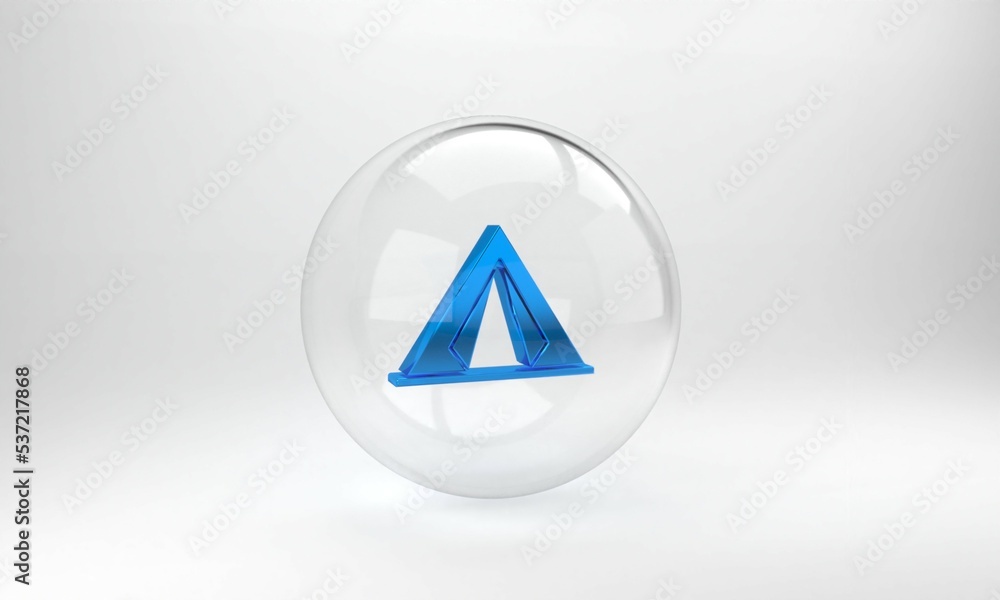 Blue Tourist tent icon isolated on grey background. Camping symbol. Glass circle button. 3D render i