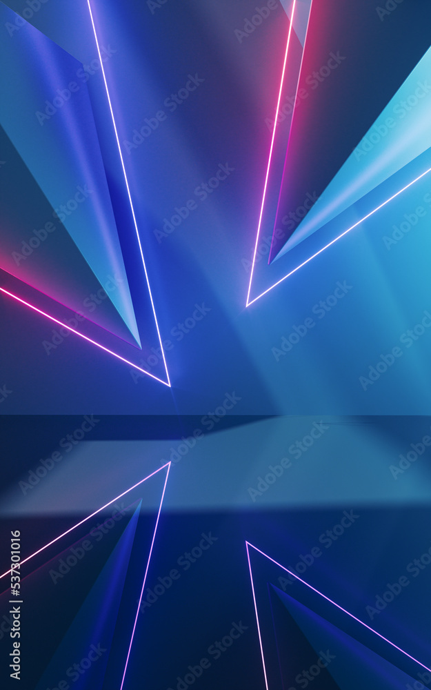 抽象的几何结构与发光的霓虹线，三维渲染。