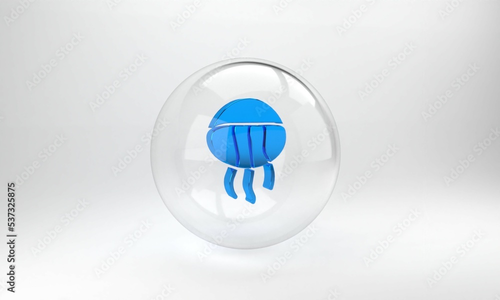 蓝色水母图标隔离在灰色背景上。玻璃圆圈按钮。3D渲染图