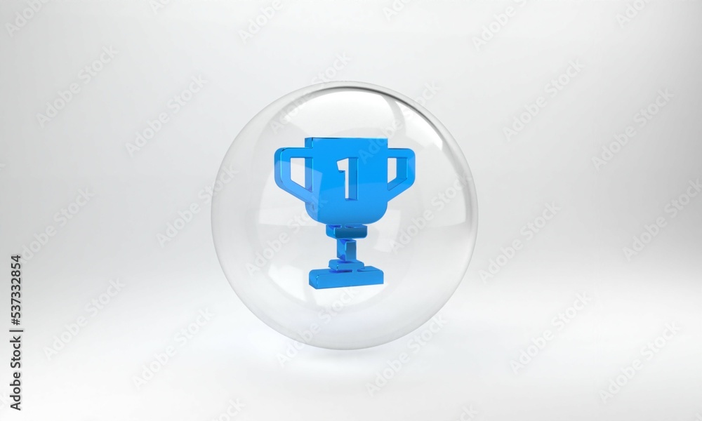 灰色背景上的蓝色奖杯图标。获胜者奖杯符号。冠军或比赛t