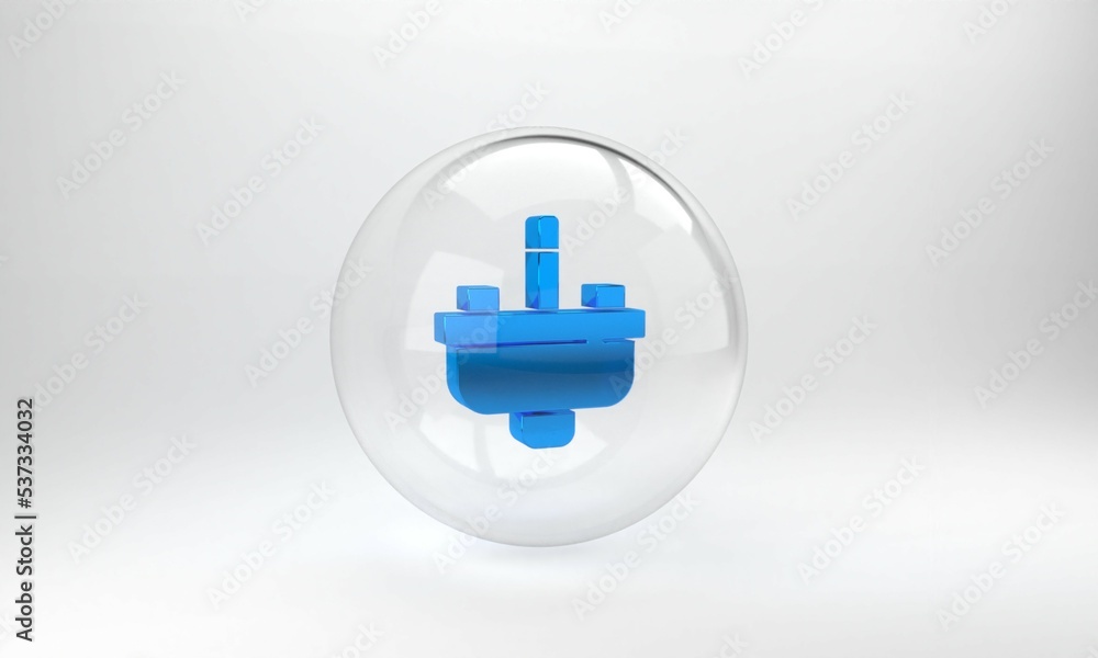 蓝色洗手盆，灰色背景上有水龙头图标。玻璃圆形按钮。3D渲染插图