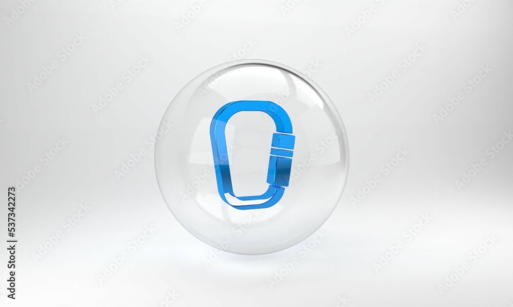 Blue Carabiner icon isolated on grey background. Extreme sport. Sport equipment. Glass circle button
