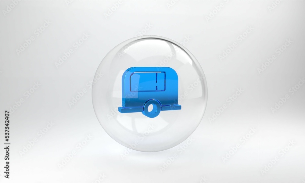 蓝色房车露营拖车图标隔离在灰色背景上。旅行移动房屋，房车，家庭露营车f