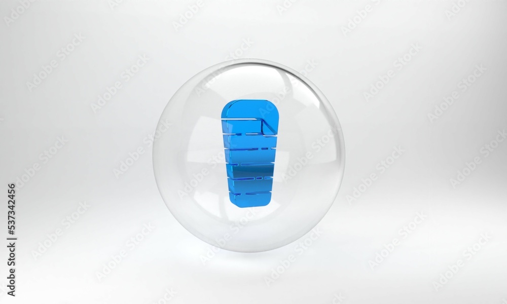 蓝色睡袋图标隔离在灰色背景上。玻璃圆形按钮。3D渲染图