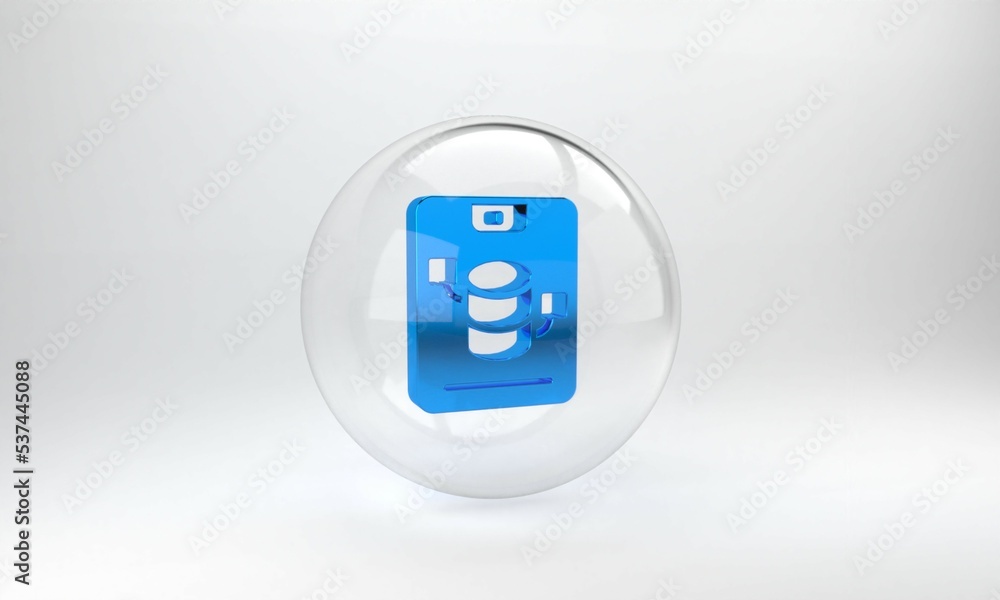 蓝色服务器、数据、Web主机图标隔离在灰色背景上。玻璃圈按钮。3D渲染illu