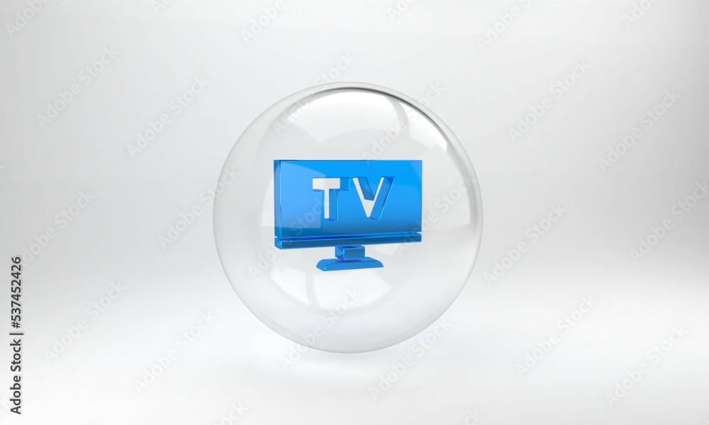 蓝色智能电视图标隔离在灰色背景上。电视标志。玻璃圈按钮。3D渲染illu