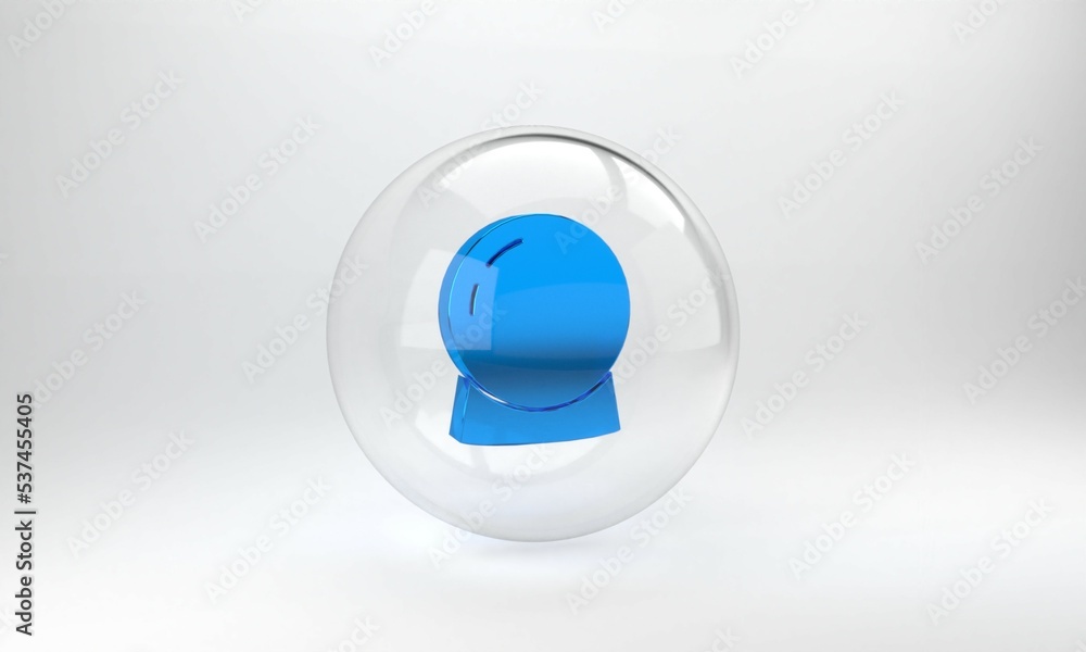 蓝色魔法球图标隔离在灰色背景上。水晶球。玻璃圆形按钮。3D渲染插图