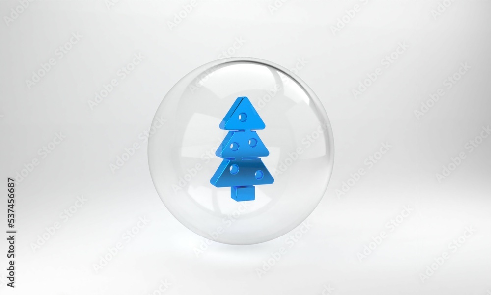 蓝色圣诞树，灰色背景上有独立的装饰图标。圣诞快乐，新年快乐