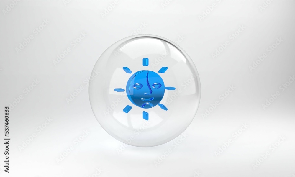 Blue Sun icon isolated on grey background. Glass circle button. 3D render illustration
