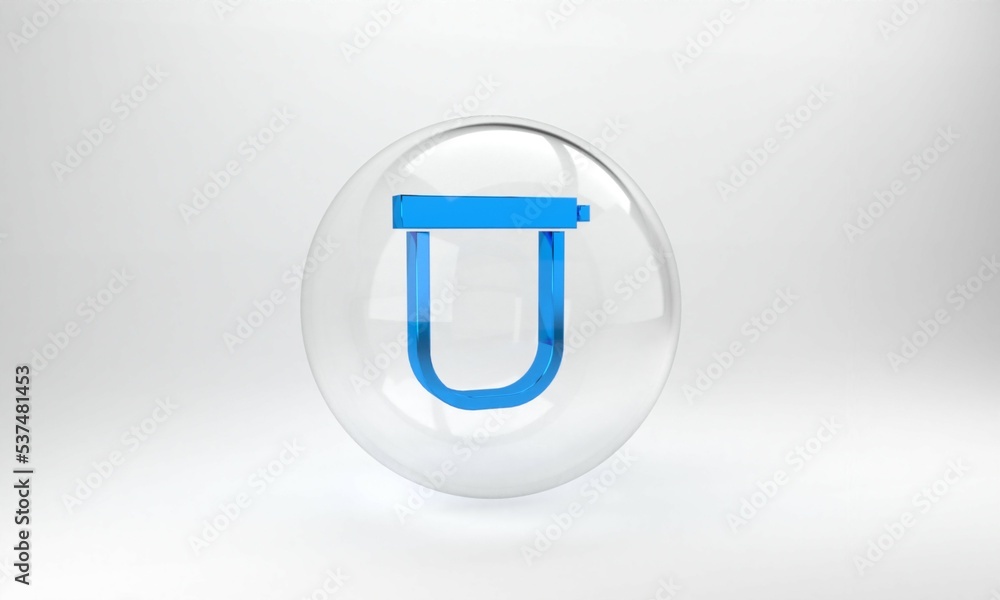 蓝色自行车锁U形工业图标，灰色背景隔离。玻璃圆形按钮。3D趋势