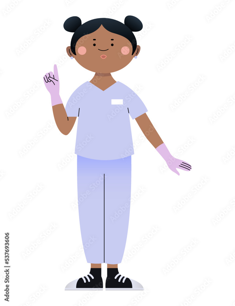 Female dentist pointing at something on white background