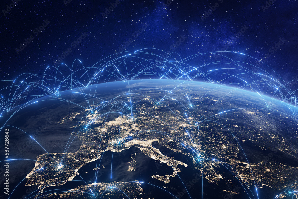 Communication technology with global internet network connected in Europe. Telecommunication and dat