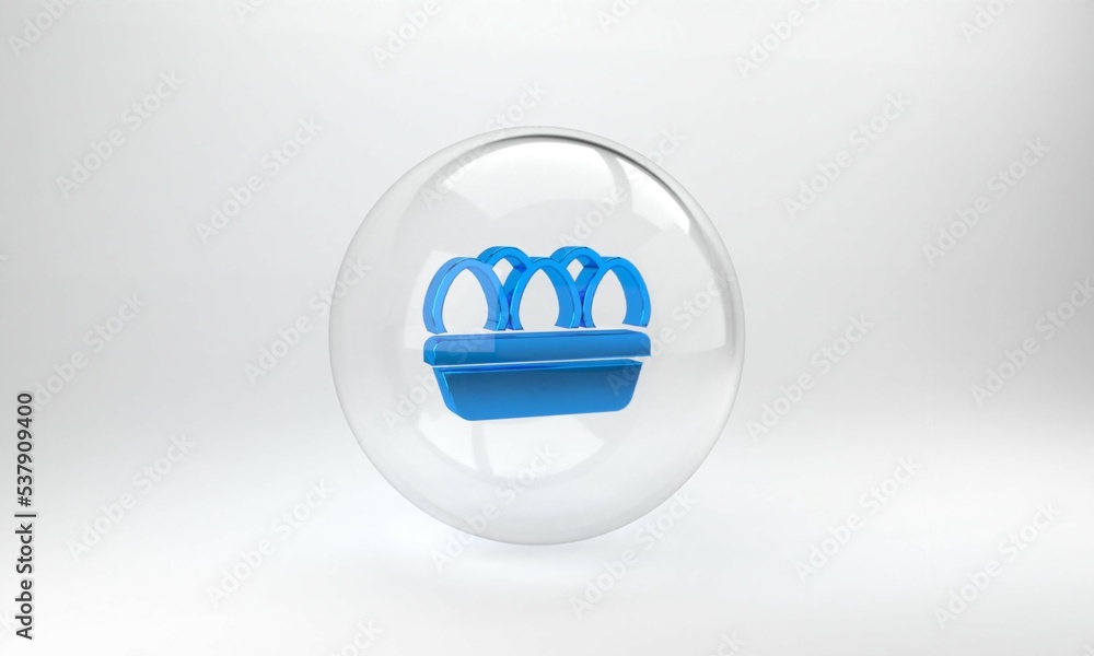 Blue Chicken egg in box icon isolated on grey background. Glass circle button. 3D render illustratio